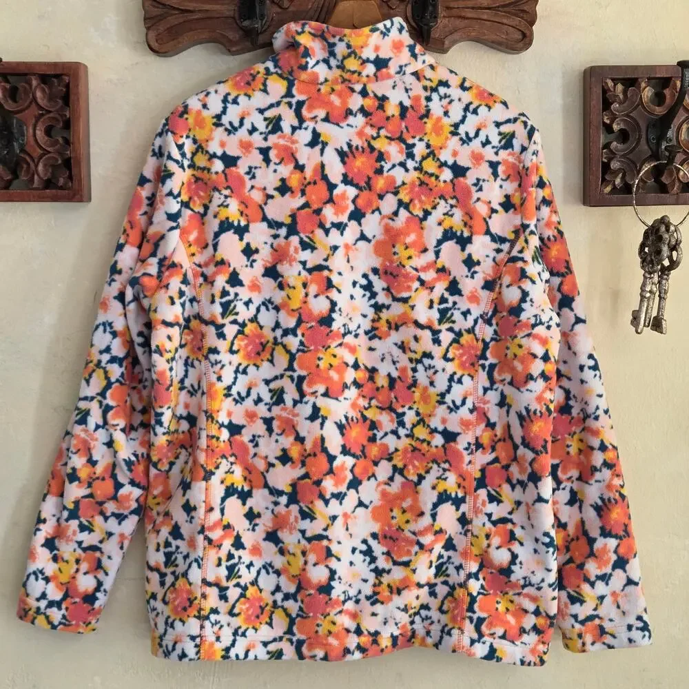 Lands End Womens Pullover 1/4 Zip Fleece Orange Floral Long Sleeve Cozy NWOT✨️L
